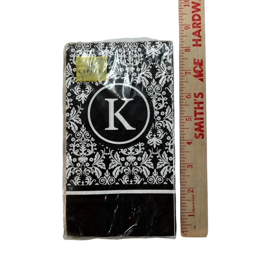 Set (2) Cypress Home Paper Napkins Guest Towels “K” Initial Monogram Black White
